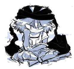  1other androgynous aodo_mikan arde_(len&#039;en) bandana bare_shoulders brooch clenched_hand closed_mouth collarbone collared_socks crossed_ankles eye_brooch eye_of_senri full_body furrowed_brow greyscale hair_between_eyes half-closed_eye hand_on_own_cheek hand_on_own_elbow hand_on_own_face highres jacket jewelry kuzu_suzumi len&#039;en monochrome open_clothes open_jacket other_focus shadow shirt short_hair shorts simple_background sitting sketch sleeveless sleeveless_jacket sleeveless_shirt smirk smug socks solo white_background 