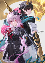  1boy 1girl absurdres asymmetrical_dress back-to-back black_dress black_hair breasts dan_heng_(honkai:_star_rail) dress evernight_(honkai:_star_rail) highres honkai:_star_rail honkai_(series) long_hair looking_at_viewer march_7th_(honkai:_star_rail) medium_breasts miya-chan_(lightning0730) parted_lips pink_hair pointy_ears 