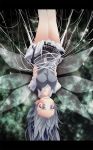  adult blue_eyes blue_hair blush bondage bow breasts cirno hair_bow highres letterboxed s-syogo solo spider_web tears tied_up torn_clothes touhou upside-down web wings 