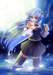  blue_eyes blue_hair detached_sleeves full_moon headphones highres long_hair moon night open_mouth outdoors rankiryuu ring_suzune skirt smile solo thigh-highs thighhighs very_long_hair vocaloid water zettai_ryouiki 