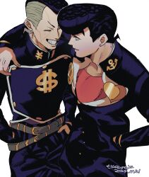  2boys anchor_symbol arm_around_shoulder artist_name belt belt_buckle black_hair brooch buckle buttons collared_jacket commentary_request cowboy_shot crew_neck dated diamond_wa_kudakenai dollar_sign green_belt grey_hair grin hand_in_pocket hands_in_pocket heart higashikata_josuke highres jacket jewelry jojo_no_kimyou_na_bouken long_sleeves looking_at_another male_focus multicolored_hair multiple_boys nijimura_okuyasu open_collar parted_lips peace_symbol pompadour popped_collar red_shirt shirt short_sideburns simple_background smile striped_belt teeth thick_eyebrows tirauraja two-tone_hair white_background yen_sign 