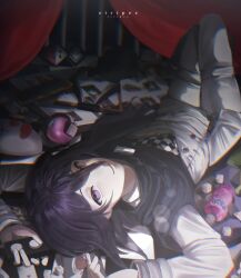  1boy black_cape black_hair buttons cape card checkered_clothes checkered_scarf closed_mouth curtains danganronpa_(series) danganronpa_v3:_killing_harmony double-breasted grey_jacket grey_pants hair_between_eyes highres hungrystripes jacket long_sleeves looking_at_viewer lying male_focus mask medium_hair oma_kokichi on_back pants playing_card purple_hair scarf smile solo violet_eyes 