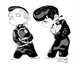  2boys anchor_symbol artist_name belt brooch chibi collared_jacket commentary_request dated diamond_wa_kudakenai dollar_sign earrings eyelashes facial_mark full_body gakuran greyscale hands_in_pockets heart higashikata_josuke highres jacket jewelry jojo_no_kimyou_na_bouken looking_at_another looking_to_the_side monochrome multicolored_hair multiple_belts multiple_boys nijimura_okuyasu open_collar pants partially_unbuttoned piercing popped_collar school_uniform shirt shoes short_sideburns simple_background striped_belt stud_earrings tirauraja two-tone_hair white_background yen_sign 