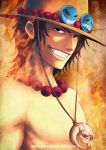  beads black_eyes black_hair cowboy_hat dated fiery_background fire freckles green_hair grin hat jewelry kei-suwabe looking_at_viewer male muscle necklace one_piece portgas_d_ace sad_face skull smile smiley_face solo topless 