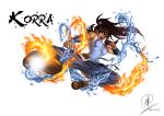  armlet avatar:_the_last_airbender bare_shoulders blue_eyes breasts brown_hair character_name dark_skin dated fire flying_kick hair_tubes kicking korra legend_of_korra long_hair ponytail renirevenge signature solo vambraces water 