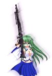  bare_shoulders breasts cleavage detached_sleeves doyouwantto frog frog_hair_ornament green_eyes green_hair gun hair_ornament japanese_clothes kochiya_sanae long_hair looking_at_viewer machine_gun mg42 miko mound_of_venus navel open_mouth skirt smile snake solo touhou weapon 