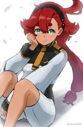  1girl akane_(akaneoekaki0928) aqua_eyes black_hairband closed_mouth commentary dark-skinned_female dark_skin feet_out_of_frame gundam gundam_suisei_no_majo hair_between_eyes hairband highres jacket long_hair long_sleeves low-tied_long_hair necktie orange_necktie ponytail shadow short_eyebrows shorts simple_background sitting smile solo split_mouth square-end_necktie suletta_mercury thick_eyebrows white_background white_jacket white_shorts 