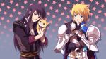  armor band_aid bandaid black_eyes black_hair blonde_hair blue_eyes cat flynn_scifo grey_background long_hair male multiple_boys silver_(meme1717) smile star starry_background tales_of_(series) tales_of_vesperia yuri_lowell 