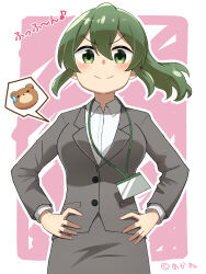  &gt;:) 1girl absurdres akane_(akaneoekaki0928) border breast_padding breasts closed_mouth collared_shirt commentary dress_shirt green_hair grey_jacket grey_skirt hands_on_own_hips highres igarashi_futaba jacket long_sleeves medium_breasts medium_hair miniskirt office_lady outside_border pencil_skirt pink_background pocket ponytail senpai_ga_uzai_kouhai_no_hanashi shirt simple_background skirt smile solo split_mouth spoken_object suit_jacket v-shaped_eyebrows white_border white_shirt 