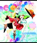  boots character_name cross-laced_footwear flower green_hair hat hat_removed headwear_removed heart highres jinkou-kuu kazami_yuuka letterboxed open_mouth pointing red_eyes sharuru shirt short_hair skirt smile solo touhou vest youkai 