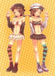  :p asymmetrical_clothes asymmetrical_clothing bare_shoulders bow breasts brown_eyes brown_hair checkered checkered_background cleavage footwear futami_ami futami_mami hair_bow hat highres idolmaster idolmaster_cinderella_girls jacket midriff multiple_girls navel sh346 shoes siblings sisters skirt socks standing striped striped_legwear thighhighs tongue twins wink 