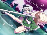  bare_legs blue_eyes cherry_blossoms dual_wielding dutch_angle fighting_stance footwear foreshortening hairband highres katana konpaku_youmu mary_janes mino106 outdoors petals shoes short_hair silver_hair socks solo sword touhou weapon 