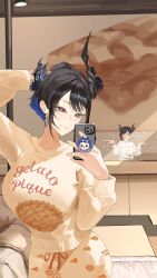  1boy 1girl absurdres alternate_costume arm_behind_head asymmetrical_horns black_hair blue_hair breasts brother_and_sister cellphone closed_mouth clothes_writing colored_inner_hair commentary earrings english_commentary flower gelato_pique highres holding holding_phone hololive hololive_english horn_flower horns jewelry large_breasts malphis_ravencroft_ii mirror_selfie multicolored_hair nerissa_ravencroft pajamas pants phone print_pants print_sweater selfie siblings smartphone smile sweater thekaiyip uneven_horns violet_eyes virtual_youtuber white_pants white_sweater 