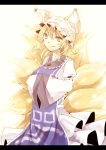  :q blonde_hair fox_tail hands_in_sleeves hat kuran_(mkmrl) kyuuran letterboxed multiple_tails short_hair smile solo tail tongue touhou white_background yakumo_ran yellow_eyes 
