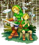  belt blonde_hair blue_eyes closed_eyes earrings eyes_closed fairy gloves hat instrument jewelry link male musical_note navi nintendo ocarina ocarina_of_time pointy_ears spoken_musical_note sword the_legend_of_zelda time_paradox tree_stump weapon young_link 