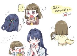  !? 2girls :d :o =_= ^_^ animal-themed_food apron blue_hair blue_ribbon brown_sweater character_doll clenched_hands closed_eyes colored_speech_bubble commentary cookie dinosaur_tail doll dollchestra eighth_note expressive_hair fake_tail flying_sweatdrops food hair_intakes hair_ornament hair_ribbon half_updo hasu_no_sora_school_uniform holding holding_cookie holding_doll holding_food hood hoodie kachimachi_kosuzu kachimachi_kosuzu_(sega_lucky_lottery_sleepwear) link!_like!_love_live! long_hair long_sleeves love_live! mole mole_on_neck moso_(expect66) multiple_girls murano_sayaka musical_note neckerchief nervous_sweating nesoberi open_mouth own_hands_together raised_fist red_neckerchief red_ribbon ribbon school_uniform short_eyebrows side_ahoge smile speech_bubble spoken_interrobang star_(symbol) star_hair_ornament summer_uniform sweat sweater symbol-only_commentary tail thick_eyebrows translation_request v-shaped_eyebrows virtual_youtuber yellow_apron yellow_hoodie yellow_neckerchief |_| 