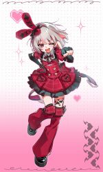  1girl ;d aliang4387 back_bow black_bow black_gloves black_shoes black_sleeve_cuffs black_thighhighs blunt_bangs blush bob_cut bow bowtie buttons center_frills collar colored_inner_hair dress elbow_gloves fang fingerless_gloves floating_hair frilled_dress frills full_body gloves gradient_background grey_hair hand_on_own_hip hat hat_bow heart heart_button heart_o-ring highres idol_clothes layered_dress leg_tattoo leg_warmers looking_at_viewer makaino_ririmu medium_hair mini_hat multicolored_hair nijisanji o-ring official_alternate_costume official_alternate_hairstyle one_eye_closed pink_background pink_hair plaid_clothes plaid_dress plaid_sleeves platform_shoes pointing pointing_at_viewer polka_dot polka_dot_background puffy_short_sleeves puffy_sleeves rabbit_ear_headwear red_bow red_bowtie red_dress red_eyes red_leg_warmers red_sleeves shoes short_dress short_sleeves shoulder_strap skin_fang smile solo standing standing_on_one_leg streaked_hair tattoo thigh-highs virtual_youtuber white_background white_collar winged_heart winged_heart_tattoo 