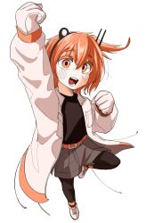  1girl a.i._voice absurdres adachi_rei adapted_costume black_leggings black_sweater blush clenched_hands coat commentary gloves grey_shorts headlamp highres leggings long_sleeves looking_at_viewer nickel_ni_plus one_side_up open_clothes open_coat open_mouth orange_eyes orange_hair shoes shorts simple_background sneakers solo sweater utau white_background white_coat white_gloves white_shoes 