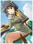  black_eyes black_hair blue_sky blush bob_cut chair cloud crossed_legs cup doughnut dutch_angle eating flower food food_on_face from_below hi-ho- katou_takeko legs_crossed looking_at_viewer military military_jacket military_uniform mug no_pants outdoors sitting sky solo strike_witches table tree uniform wisteria 