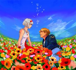  1girl bare_shoulders blonde_hair blue_eyes blue_jacket bob_cut bomber_jacket cis_(tiger_&amp;_bunny) couple dress field field_of_flowers flower hairband jacket keith_goodman moozmoon short_hair tiger_&amp;_bunny white_hair 