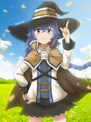  1girl :3 akane_(akaneoekaki0928) black_hat black_skirt blue_eyes blue_hair blue_sky blush braid brown_cape cape closed_mouth clouds commentary_request copyright_notice cowboy_shot crossed_bangs day floating_hair hair_between_eyes hand_on_own_hip hat highres index_finger_raised jacket long_hair long_sleeves looking_at_viewer meadow miniskirt mushoku_tensei outdoors roxy_migurdia shirt single_braid skirt sky solo standing very_long_hair white_jacket white_shirt witch_hat 