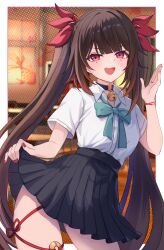  1girl alternate_costume black_choker black_skirt blue_ribbon border breasts brown_hair choker commentary_request contrapposto highres honkai:_star_rail honkai_(series) looking_at_viewer marekamico mark_under_both_eyes medium_breasts open_mouth pleated_skirt red_eyes red_nails revision ribbon shirt skirt solo sparkle_(honkai:_star_rail) sparkle_(school_uniform)_(honkai:_star_rail) teeth upper_teeth_only white_border white_shirt 