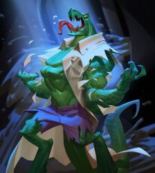  1boy animal bald blue_pants coat creature denim fingernails full_body green_eyes jacket jeans lab_coat lizard lizard_(marvel) lizard_tail looking_at_viewer male_focus marvel marvel_snap max_grecke monster muscular muscular_male no_humans official_art open_mouth pants saliva scales sewer sharp_fingernails shirt shorts slit_pupils solo spider-man_(series) tail tongue tongue_out torn_clothes torn_jeans torn_pants torn_shirt underground western_comics_(style) white_coat white_shirt yellow_eyes 