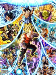  6+boys aura black_hair blue_eyes clenched_hands colored_skin dougi dragon_ball dragon_ball_gt dragon_ball_super dragon_ball_z_dokkan_battle genki_dama gloves highres jewelry looking_at_viewer male_focus monkey_boy monkey_tail multiple_boys muscular muscular_male open_mouth pants pectorals piccolo smile son_gohan son_goku spiky_hair super_saiyan super_saiyan_1 super_saiyan_2 super_saiyan_blue tail teeth trunks_(dragon_ball) trunks_(future)_(dragon_ball) vegeta wai_(y48754085) white_gloves 