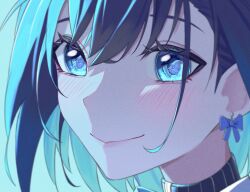  absurdres blue_background blue_eyes blue_hair blush bow bow_earrings close-up earrings eye_reflection film_grain highres hololive hololive_english jewelry lips looking_at_another ouro_kronii ouro_kronii_(1st_costume) raised_eyebrows reflection smile turtleneck watson_amelia yubbiidraw 