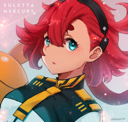  1girl absurdres akane_(akaneoekaki0928) asticassia_school_uniform black_hairband blue_eyes breasts character_name commentary gundam gundam_suisei_no_majo hair_between_eyes hairband haro highres jacket long_hair looking_at_viewer medium_breasts necktie parted_lips ponytail red_hair school_uniform solo square-end_necktie suletta_mercury thick_eyebrows white_jacket yellow_necktie 
