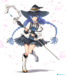  1girl absurdres akane_(akaneoekaki0928) black_hat black_ribbon black_skirt black_socks boots braid capelet closed_mouth commentary crystal falling_petals full_body hair_ribbon hat high_heel_boots high_heels highres holding holding_staff jacket knee_boots kneehighs leg_up long_hair long_sleeves low_twin_braids mage_staff miniskirt mushoku_tensei petals ribbon roxy_migurdia skirt smile socks solo staff standing standing_on_one_leg twin_braids very_long_hair white_boots white_capelet white_jacket witch_hat 
