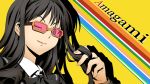  adjusting_hair amagami bespectacled blazer blue_eyes glasses lips long_hair makisige morishima_haruka parody persona persona_4 playing_with_hair school_uniform smile solo style_parody wink yellow-framed_glasses 