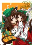  :p adult animal_ears brown_hair cat_ears cat_tail chen dual_persona earrings hat hug izuna_nie jewelry long_hair looking_at_viewer multiple_girls multiple_tails red_eyes single_earring smile tail tongue touhou 
