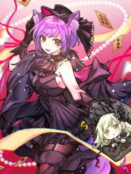  2girls :d animal_ear_fluff animal_ears arknights bang_dream! bang_dream!_it&#039;s_mygo!!!!! bare_shoulders black_bonnet black_dress black_gloves black_hat black_pantyhose bonnet card cat_ears cat_girl chibi chibi_inset chromatic_aberration cowboy_shot dress feather_boa floating_card floppy_ears gloves gothic_lolita hat highres in_hat kemonomimi_mode lolita_fashion long_hair looking_at_viewer magician mini_person minigirl momoloaf multiple_girls open_mouth pantyhose playing_card procreate_(medium) purple_hair rabbit_girl short_hair sleeveless sleeveless_dress smile standing wakaba_mutsumi wakaba_mutsumi_(marionette&#039;s_id) yellow_eyes yuutenji_nyamu yuutenji_nyamu_(magician_of_passion) 