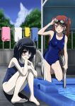  absurdres ahoge akazawa_izumi another barefoot black_hair blush brown_eyes cloud eyepatch feet goggles hair_ribbon highres leg_hug legs long_hair misaki_mei misakism multiple_girls pool poolside red_eyes ribbon school_swimsuit sky swimsuit toes towel twintails water 