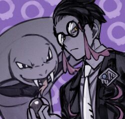  1boy arbok black_eyes black_hair black_jacket closed_mouth collared_shirt commentary_request corbeau_(pokemon) eyewear_strap fangs forked_tongue glasses holding holding_poke_ball jacket looking_at_viewer male_focus nagiko_(mangalove1111) necktie open_clothes open_jacket orange_eyes poke_ball pokemon pokemon_(creature) pokemon_legends:_z-a purple_shirt round_eyewear shirt tongue upper_body white_necktie 