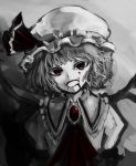  :d blood blood_in_mouth blood_on_face hal360 hat hat_ribbon monochrome open_mouth red_eyes remilia_scarlet ribbon smile solo touhou 
