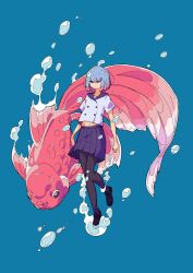  1girl absurdres air_bubble black_shoes blue_background blue_hair bubble closed_mouth commentary english_commentary fish full_body goldfish hair_between_eyes highres multicolored_hair navel nickel_ni_plus original pantyhose pink_hair purple_skirt sailor_collar shoes short_hair short_sleeves simple_background skirt solo violet_eyes 