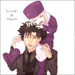  1girl ^_^ age_difference black_hair boots carrying closed_eyes coat command_spell emiya_kiritsugu eyes_closed fate/zero fate_(series) father_and_daughter hat illyasviel_von_einzbern long_hair necktie shoulder_carry tahiro white_hair 