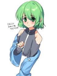  1other androgynous bare_shoulders black_shirt blue_jacket blush closed_mouth clothing_cutout commentary_request cropped_torso green_eyes green_hair hair_between_eyes highres hood hood_down hooded_jacket jacket jacket_partially_removed kurokoge_karubi layered_sleeves len&#039;en light_frown long_sleeves open_clothes open_jacket other_focus outstretched_hand raised_inner_eyebrows shirt shitodo_aoji short_hair shoulder_cutout shy simple_background sleeves_past_wrists solo tareme translation_request turtleneck turtleneck_shirt white_background wide_sleeves zipper 