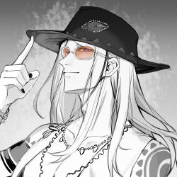  1boy bracelet fate/grand_order fate_(series) grey_background greyscale hat highres jewelry looking_at_viewer male_focus monochrome necklace orange-tinted_eyewear smile solo spot_color tattoo tezcatlipoca_(fate) tezcatlipoca_(wild_gunman)_(fate) tinted_eyewear upper_body vivienne32640 