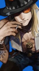  1boy belt black_hat blonde_hair blue_background bracelet cigarette cowboy_hat denim denim_shorts fate/grand_order fate_(series) hat highres holding holding_cigarette jewelry long_hair looking_at_viewer male_focus medallion necklace open_clothes open_vest orange-tinted_eyewear shorts simple_background solo sunglasses tattoo tezcatlipoca_(fate) tezcatlipoca_(wild_gunman)_(fate) tinted_eyewear u_n_g_d vest white_vest 