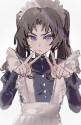  1boy absurdres ayase_ayato_(imamiya_pinoko) black_hair crossdressing crossdressing_(mtf) double_v highres imamiya_pinoko long_hair maid maid_headdress male_maid original solo sweatdrop trap twintails v violet_eyes white_background 