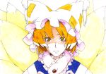  blonde_hair face fox_tail hat highres mtmy multiple_tails short_hair solo tail tears touhou traditional_media yakumo_ran 