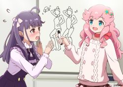  2girls :d ahoge blue_eyes blunt_bangs brown_eyes brown_skirt chofu_noriko collarbone commentary_request drawing_(object) dress futtenten hair_ornament highres holding holding_marker ikizulive!_love_live!_bluebird kanazawa_miracle long_hair long_sleeves love_live! marker multiple_girls open_mouth pinafore_dress pink_hair purple_dress purple_hair shirt sidelocks signature skirt sleeveless sleeveless_dress smile star_(symbol) star_hair_ornament sweater thick_eyebrows two_side_up ufo upper_body white_shirt white_sweater whiteboard x_arms 