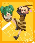 blonde_hair blush bow bucket fang fishing_line fishing_rod green_eyes green_hair hachi105 hair_bobbles hair_bow hair_ornament in_bucket in_container kisume kurodani_yamame multiple_girls open_mouth rinnrinn scared short_hair smile spider tears touhou twintails 