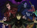  alucard_(hellsing) black_hair blue_hair blue_skin cassock count_of_monte_cristo cross crossover fangs fate/stay_night fate_(series) gankutsuou green_eyes hellsing heterochromia kotomine_kirei long_coat long_hair male mohatch multiple_boys nakata_jouji outstretched_hand pointy_ears red_eyes seiyuu_connection shigeyama_mohachi staff trait_connection 