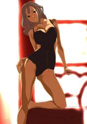  breasts brown_eyes brown_hair chair cleavage copyright_request dated graphite_(medium) highres judasjen long_hair one-piece_swimsuit side_cutout solo swimsuit traditional_media 