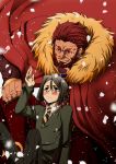  armor bangs beard black_eyes black_hair blush bob_cut cape command_spell facial_hair fate/zero fate_(series) male multiple_boys parted_bangs petals red_eyes red_hair redhead rider_(fate/zero) sitting taketake09190920 waver_velvet 