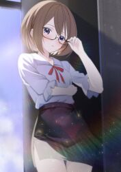  1girl absurdres adjusting_eyewear black_skirt blanc_(neptunia) blue_eyes brown_hair choujigen_game_neptune commentary english_commentary glasses highres neptune_(series) office_lady semi-rimless_eyewear shirt short_hair skirt solo under-rim_eyewear white_shirt xueli_shimazaki 